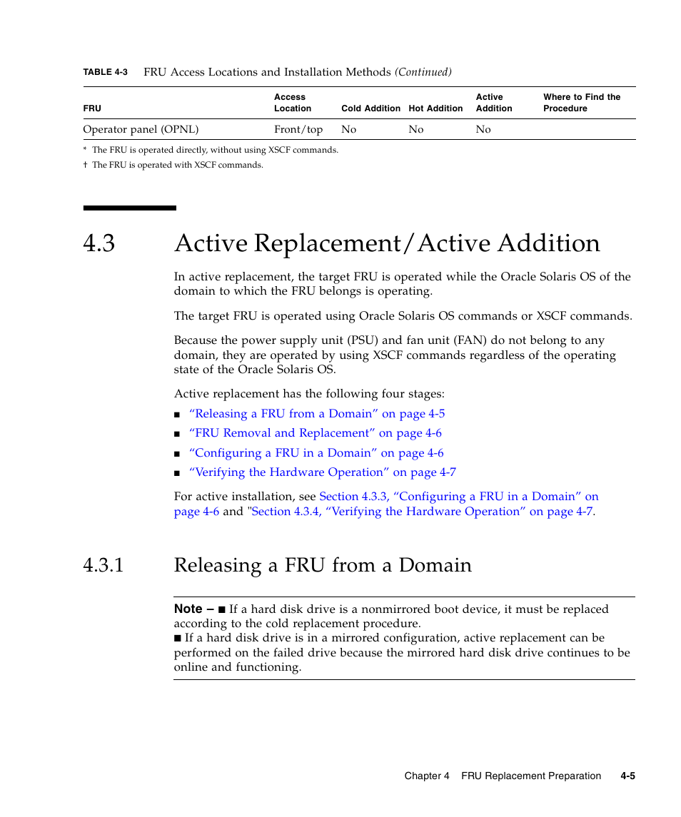 3 active replacement/active addition, 1 releasing a fru from a domain, Active replacement/active addition | Releasing a fru from a domain | FUJITSU SPARC Enterprise Server M3000 User Manual | Page 73 / 202