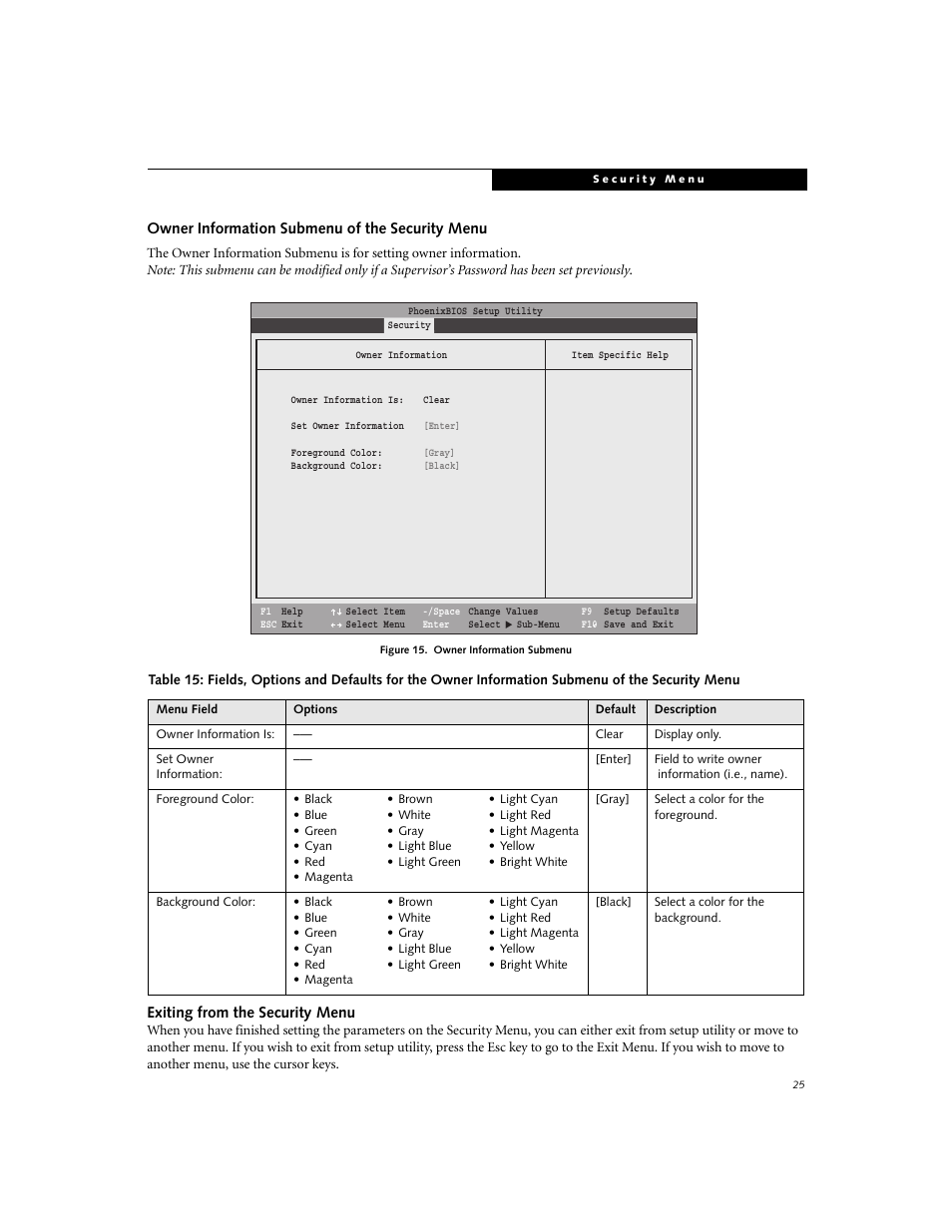 Owner information submenu of the security menu, Exiting from the security menu | FUJITSU C2330 User Manual | Page 25 / 30