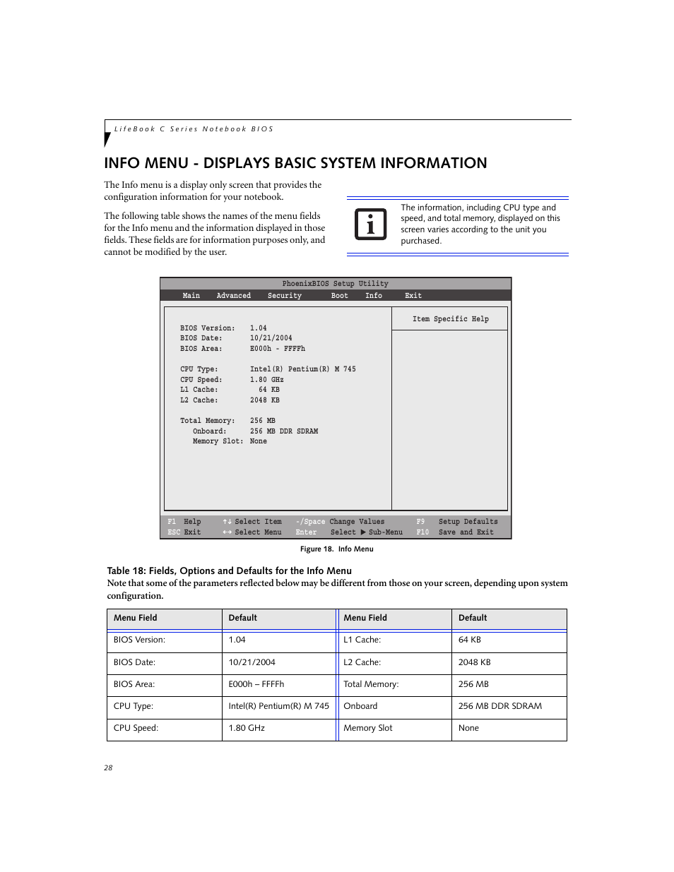 Info menu - displays basic system information | FUJITSU C2330 User Manual | Page 28 / 30