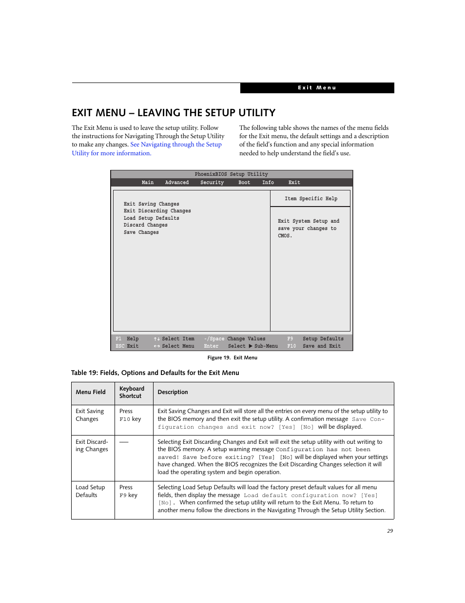 Exit menu - leaving the setup utility, Exit menu – leaving the setup utility | FUJITSU C2330 User Manual | Page 29 / 30