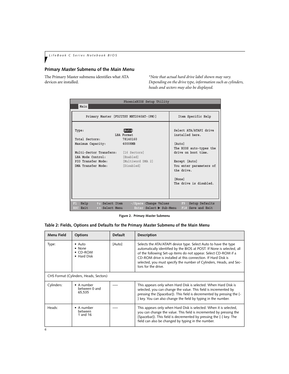 Primary master submenu of the main menu | FUJITSU C2330 User Manual | Page 6 / 30