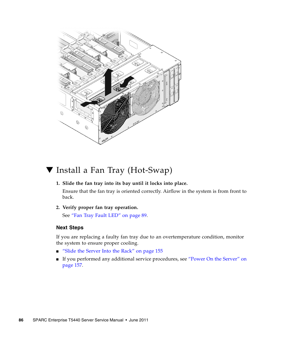 Install a fan tray (hot-swap) | FUJITSU T5440 User Manual | Page 108 / 212