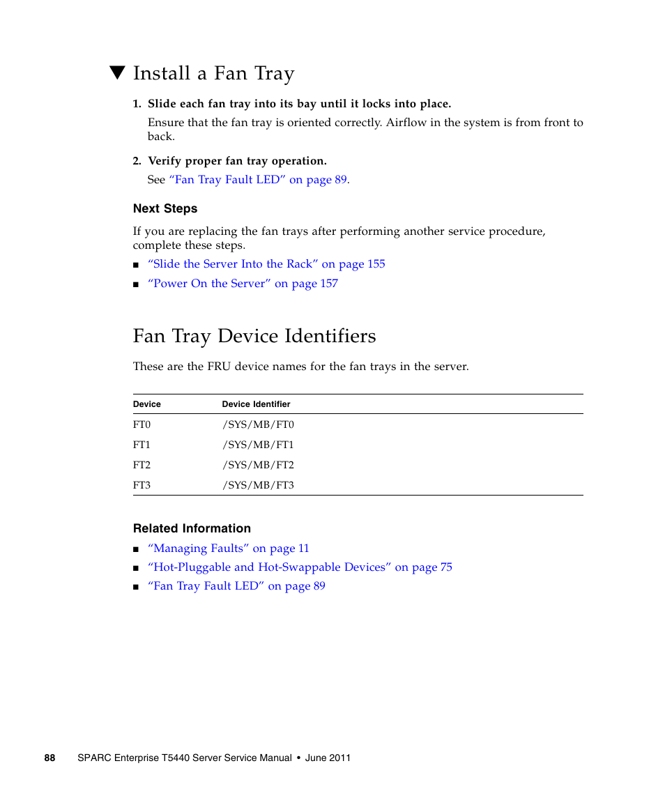 Install a fan tray, Fan tray device identifiers | FUJITSU T5440 User Manual | Page 110 / 212