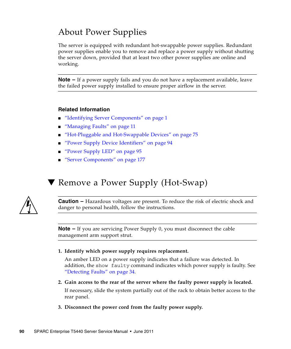 About power supplies, Remove a power supply (hot-swap) | FUJITSU T5440 User Manual | Page 112 / 212