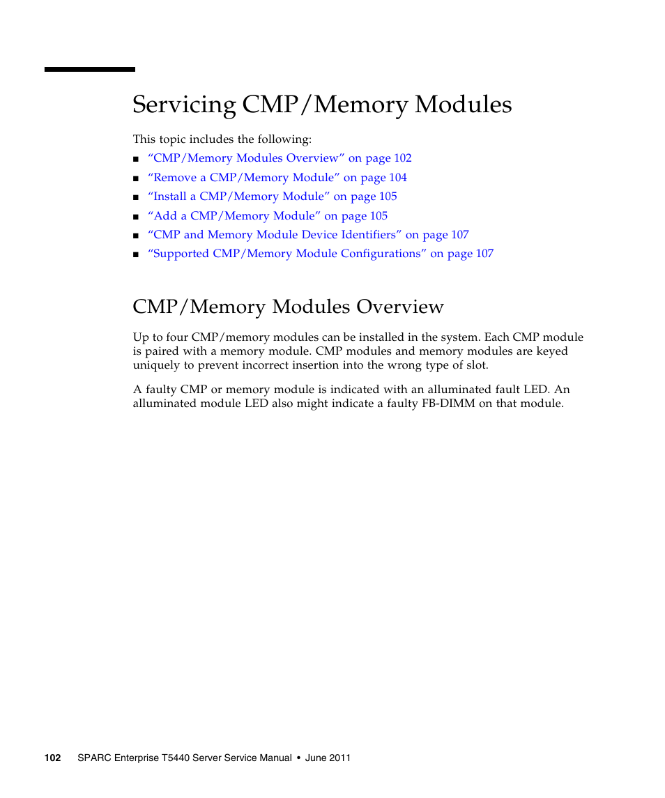 Servicing cmp/memory modules, Cmp/memory modules overview | FUJITSU T5440 User Manual | Page 124 / 212
