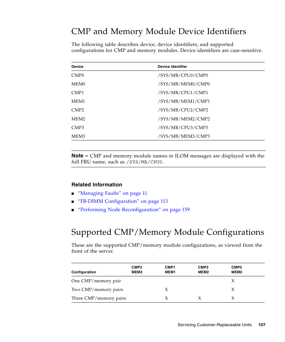 Cmp and memory module device identifiers, Supported cmp/memory module configurations | FUJITSU T5440 User Manual | Page 129 / 212