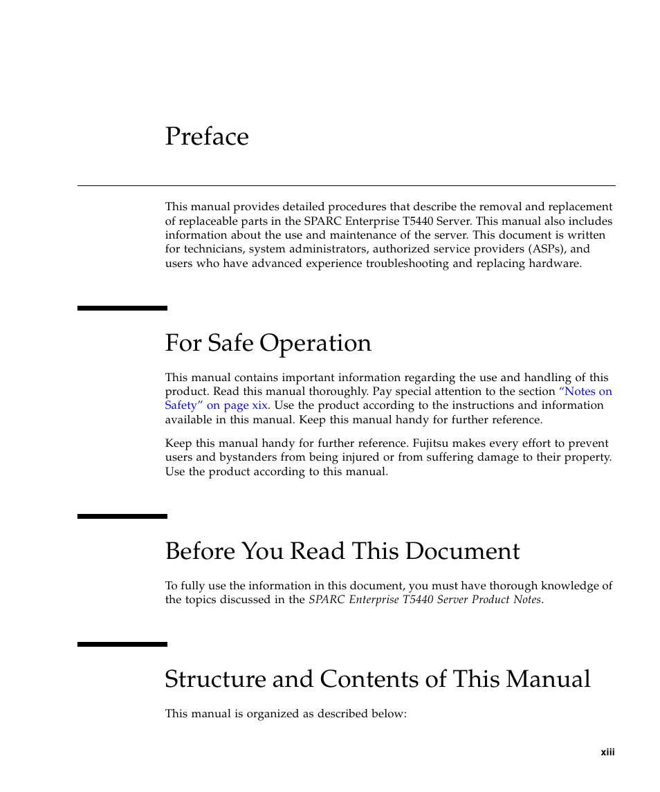 Preface, For safe operation, Before you read this document | Structure and contents of this manual | FUJITSU T5440 User Manual | Page 13 / 212