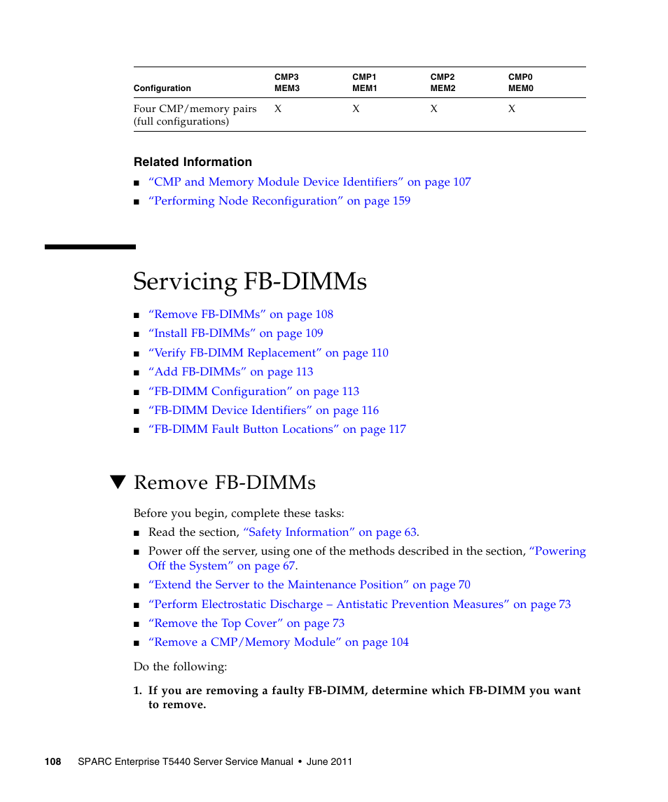 Servicing fb-dimms, Remove fb-dimms, Ace, see | Servicing fb-dimms” on | FUJITSU T5440 User Manual | Page 130 / 212