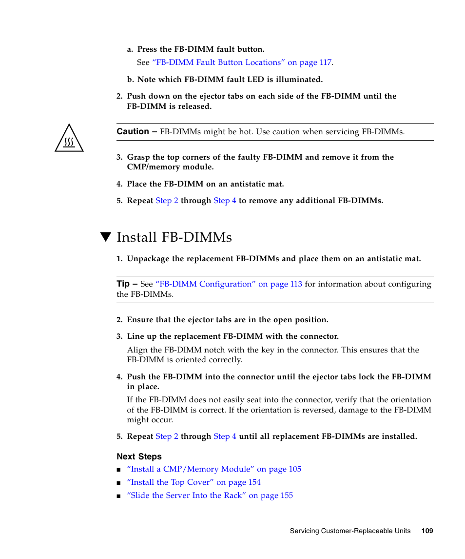 Install fb-dimms | FUJITSU T5440 User Manual | Page 131 / 212