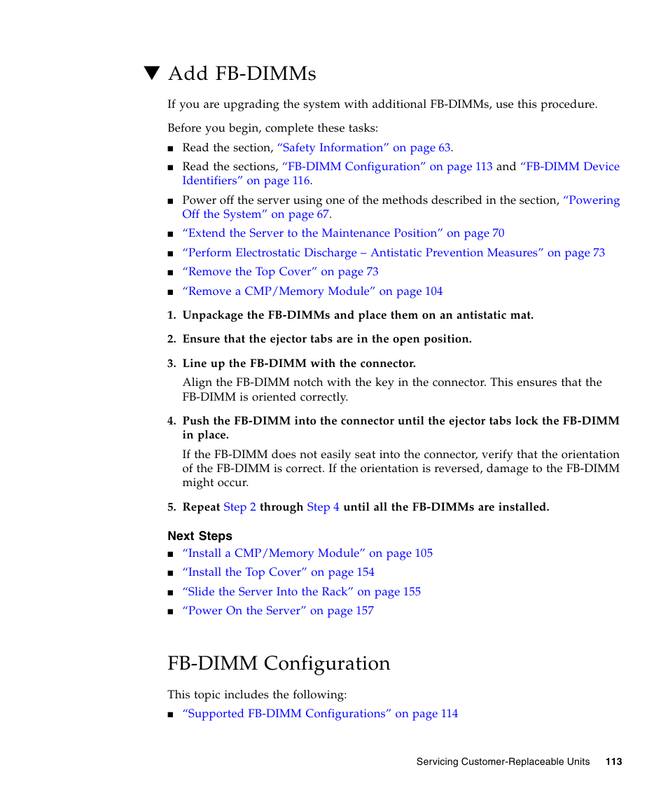Add fb-dimms, Fb-dimm configuration, N, see | Fb-dimm configuration” on | FUJITSU T5440 User Manual | Page 135 / 212