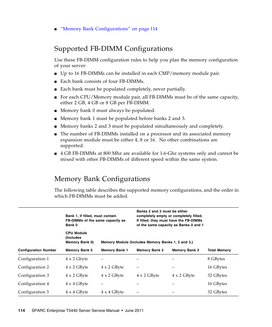 Supported fb-dimm configurations, Memory bank configurations | FUJITSU T5440 User Manual | Page 136 / 212