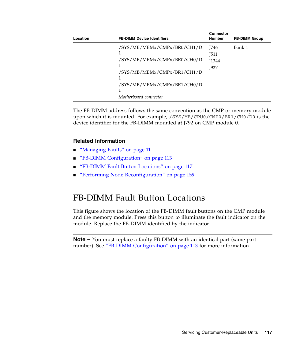 Fb-dimm fault button locations, Fb-dimm fault button locations” on | FUJITSU T5440 User Manual | Page 139 / 212