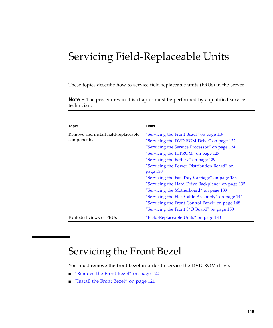 Servicing field-replaceable units, Servicing the front bezel | FUJITSU T5440 User Manual | Page 141 / 212