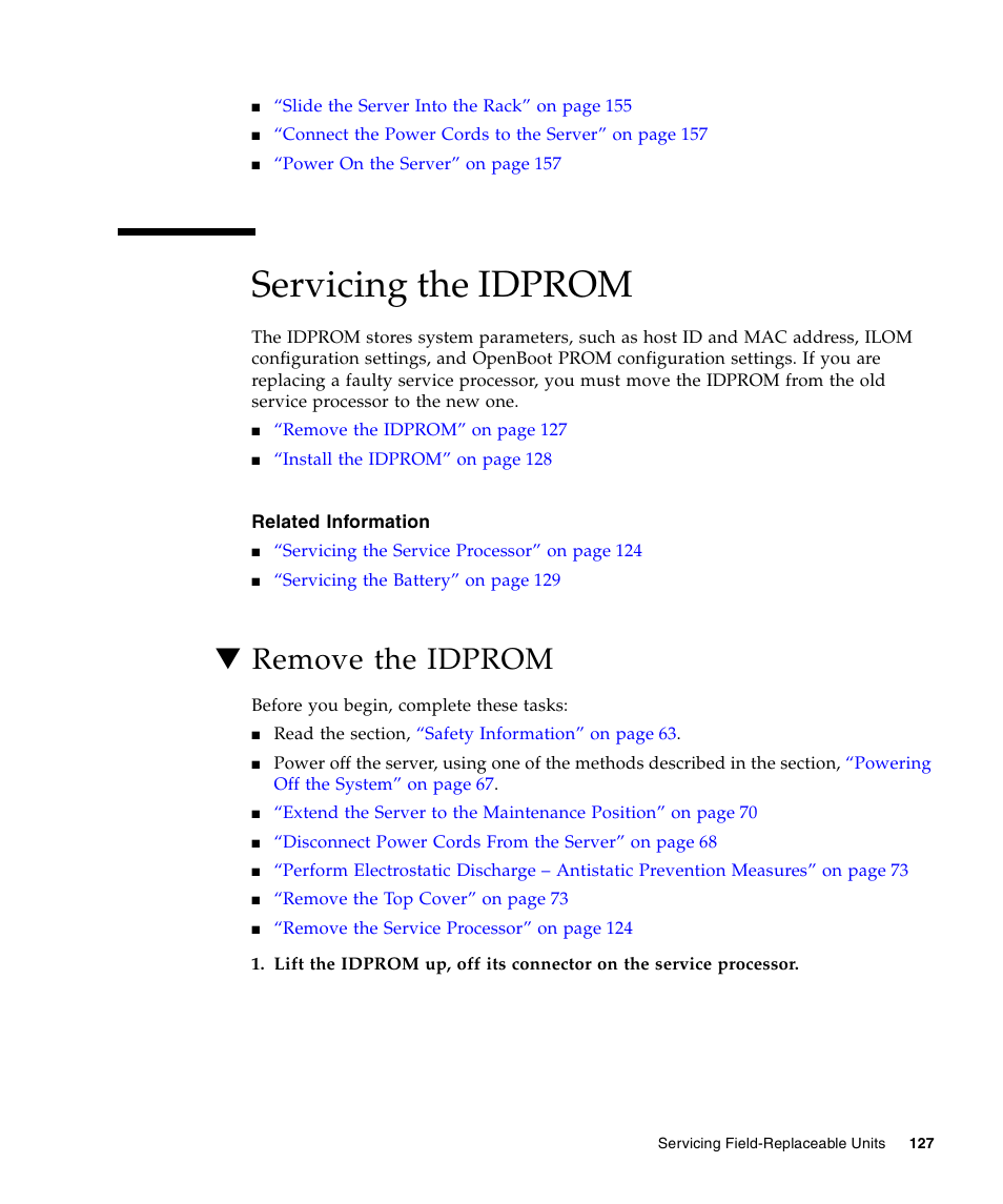 Servicing the idprom, Remove the idprom | FUJITSU T5440 User Manual | Page 149 / 212