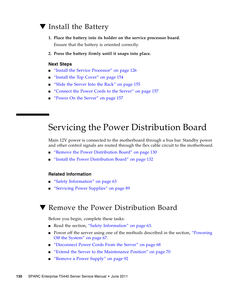 Install the battery, Servicing the power distribution board, Remove the power distribution board | FUJITSU T5440 User Manual | Page 152 / 212