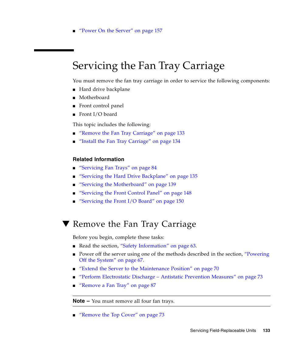 Servicing the fan tray carriage, Remove the fan tray carriage | FUJITSU T5440 User Manual | Page 155 / 212
