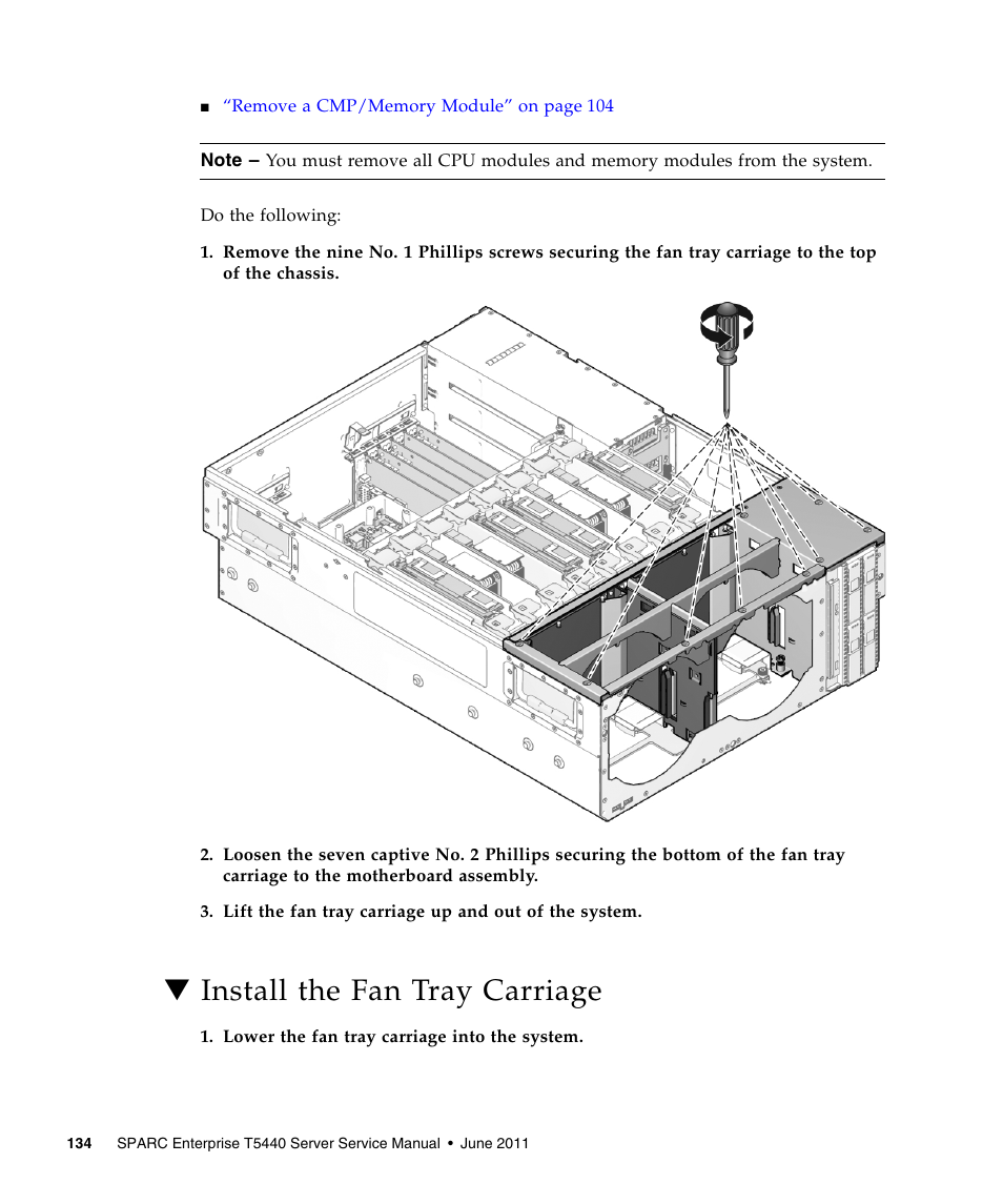 Install the fan tray carriage | FUJITSU T5440 User Manual | Page 156 / 212