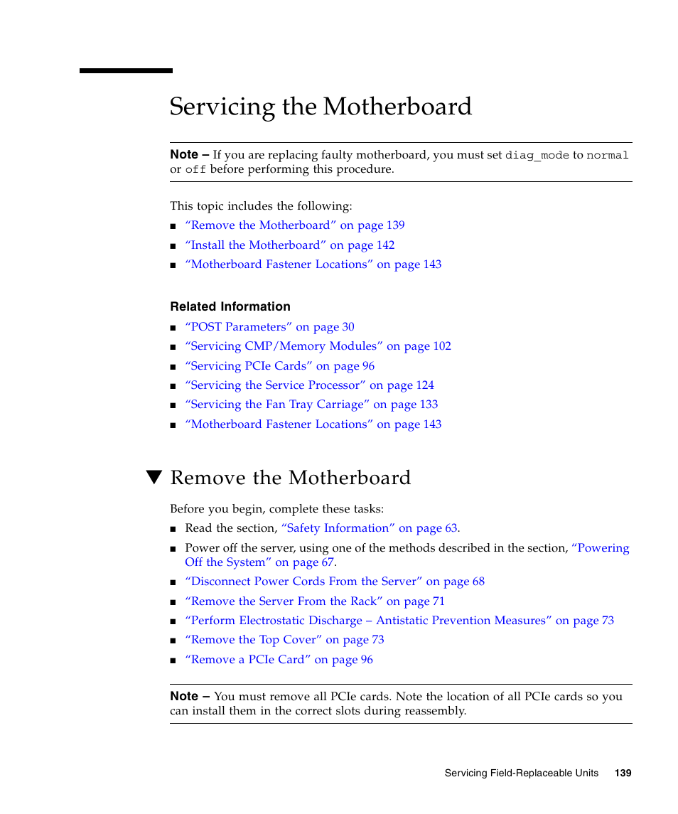 Servicing the motherboard, Remove the motherboard | FUJITSU T5440 User Manual | Page 161 / 212