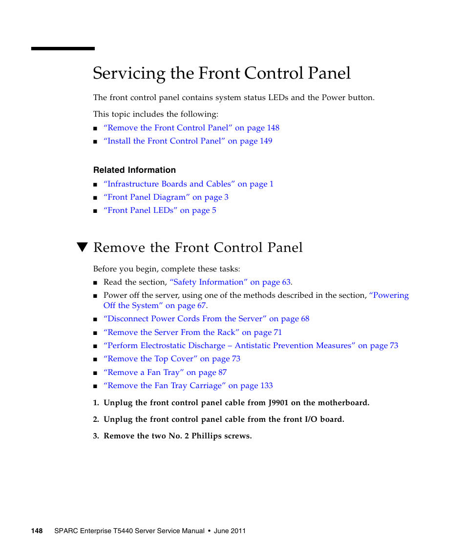 Servicing the front control panel, Remove the front control panel | FUJITSU T5440 User Manual | Page 170 / 212