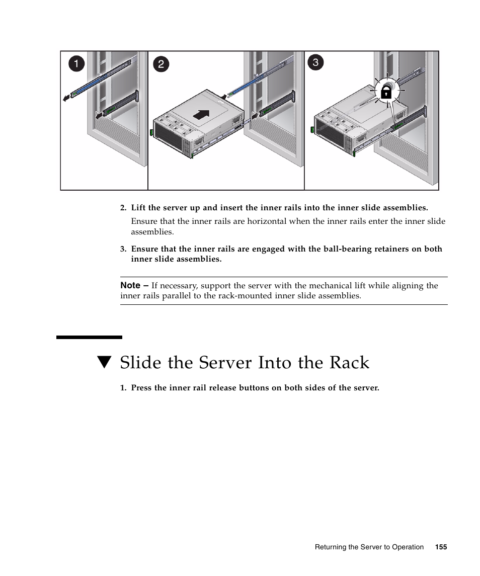 Slide the server into the rack | FUJITSU T5440 User Manual | Page 177 / 212