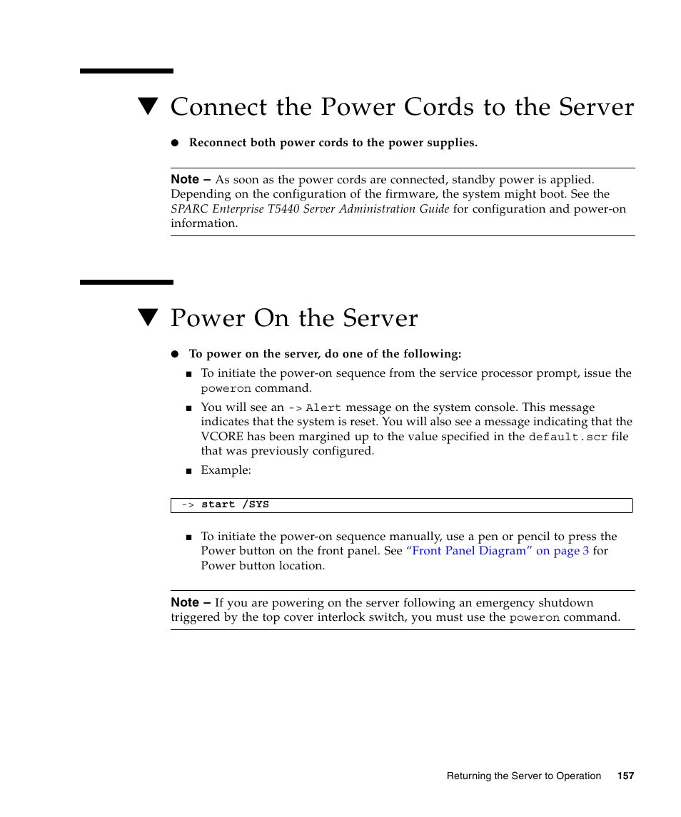 Connect the power cords to the server, Power on the server, Power on the server” on | FUJITSU T5440 User Manual | Page 179 / 212