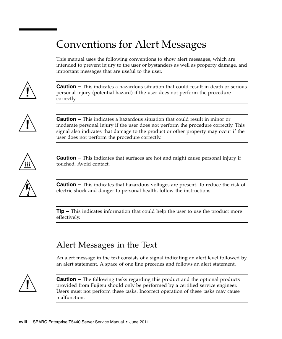 Conventions for alert messages, Alert messages in the text | FUJITSU T5440 User Manual | Page 18 / 212