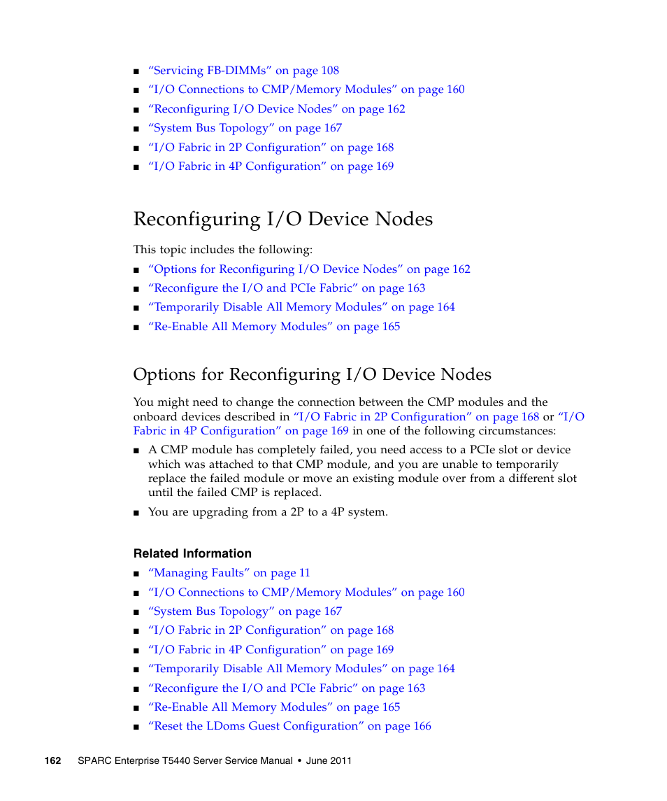 Reconfiguring i/o device nodes, Options for reconfiguring i/o device nodes | FUJITSU T5440 User Manual | Page 184 / 212