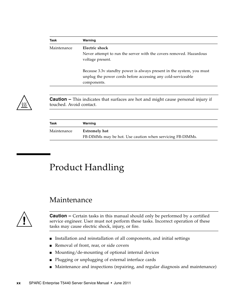 Product handling, Maintenance | FUJITSU T5440 User Manual | Page 20 / 212