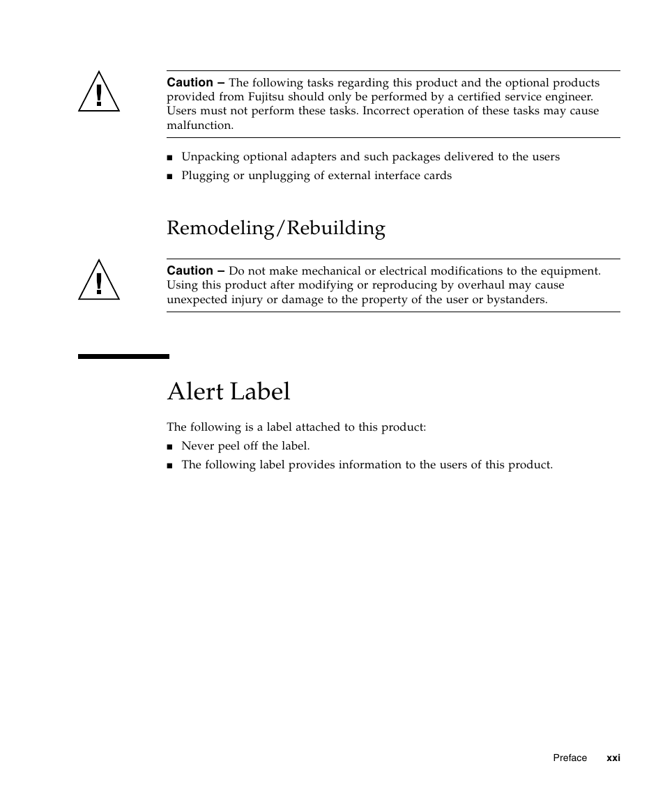 Remodeling/rebuilding, Alert label | FUJITSU T5440 User Manual | Page 21 / 212