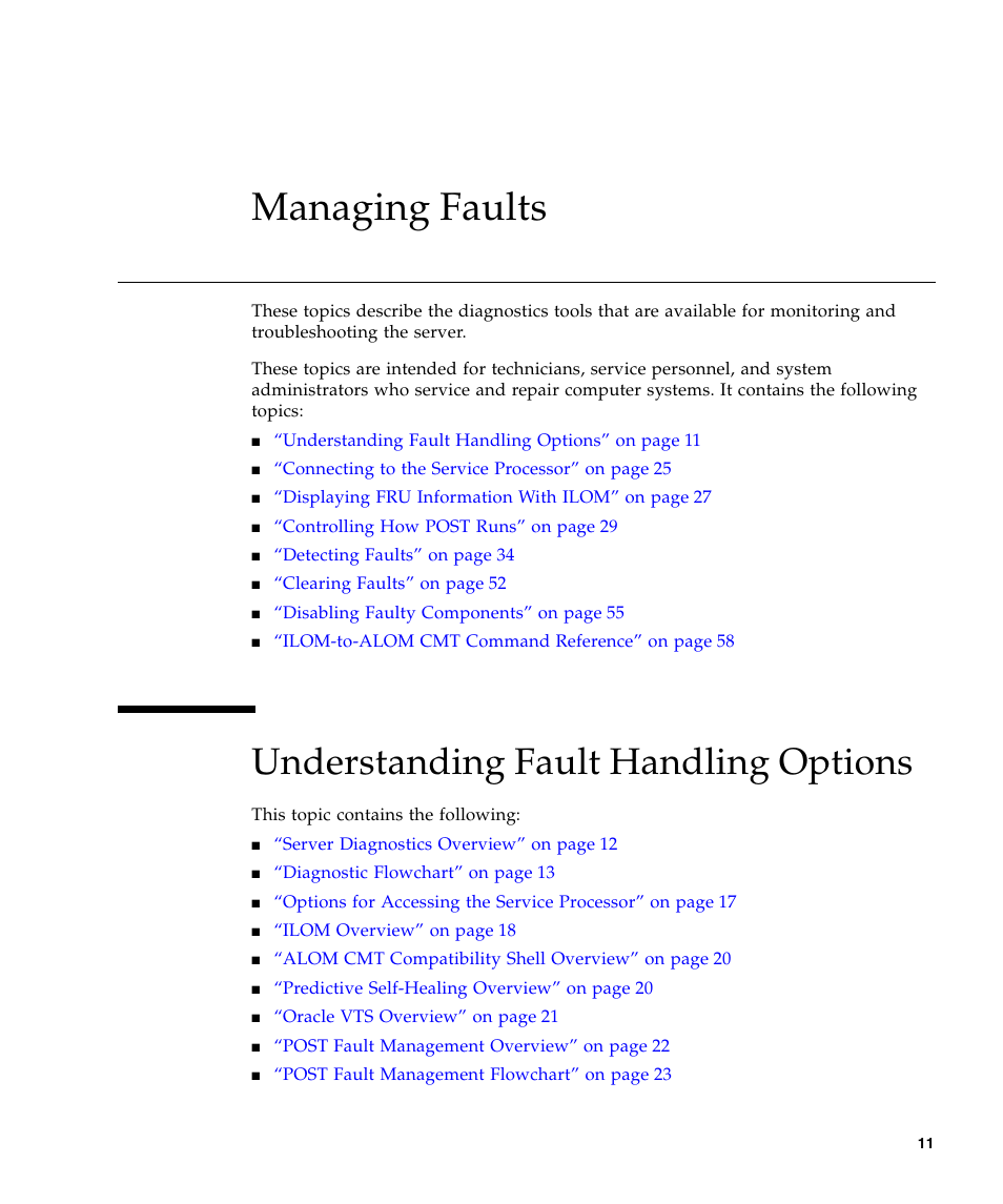 Managing faults, Understanding fault handling options | FUJITSU T5440 User Manual | Page 33 / 212