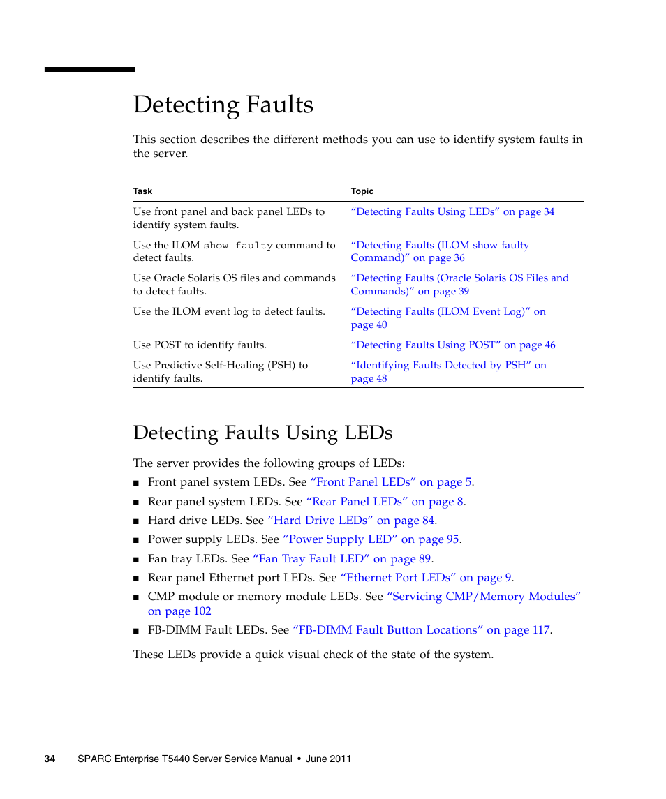 Detecting faults, Detecting faults using leds | FUJITSU T5440 User Manual | Page 56 / 212