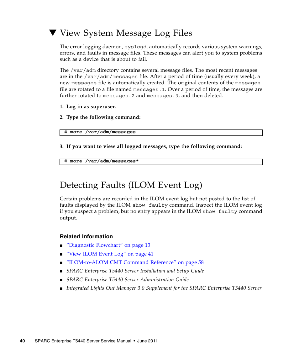 View system message log files, Detecting faults (ilom event log) | FUJITSU T5440 User Manual | Page 62 / 212