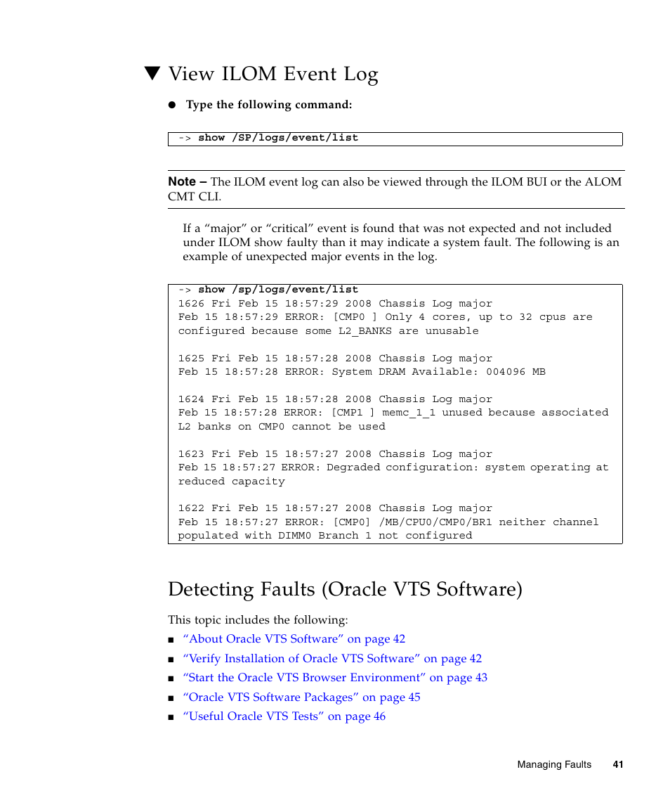 View ilom event log, Detecting faults (oracle vts software) | FUJITSU T5440 User Manual | Page 63 / 212