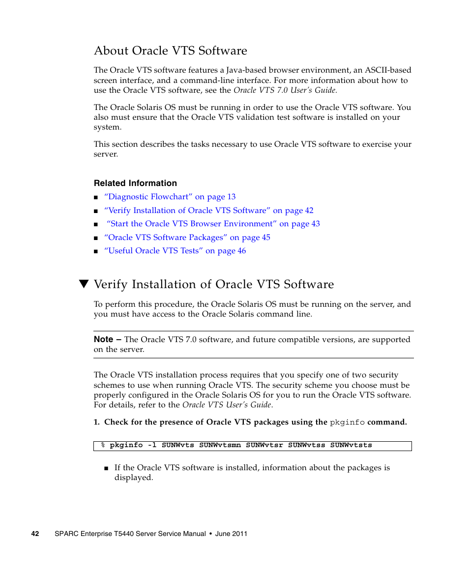 About oracle vts software, Verify installation of oracle vts software | FUJITSU T5440 User Manual | Page 64 / 212