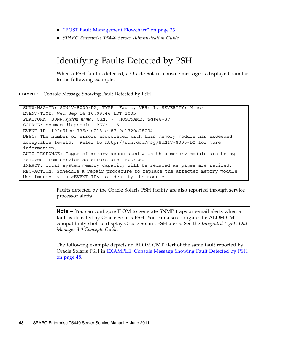 Identifying faults detected by psh, Identifying faults detected by psh” on | FUJITSU T5440 User Manual | Page 70 / 212