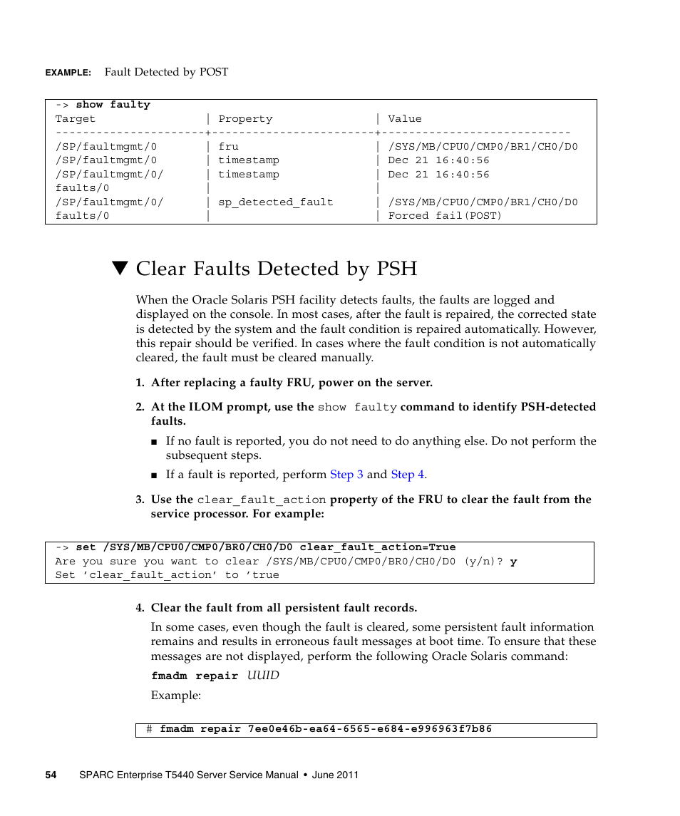 Clear faults detected by psh, Example, Clear faults | Example: fault detected, Step 1 | FUJITSU T5440 User Manual | Page 76 / 212