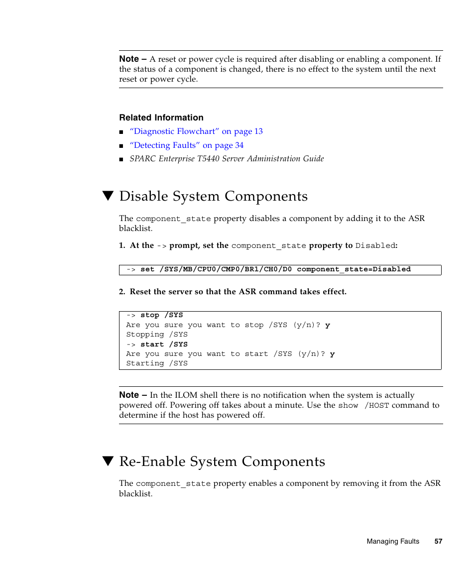 Disable system components, Re-enable system components | FUJITSU T5440 User Manual | Page 79 / 212