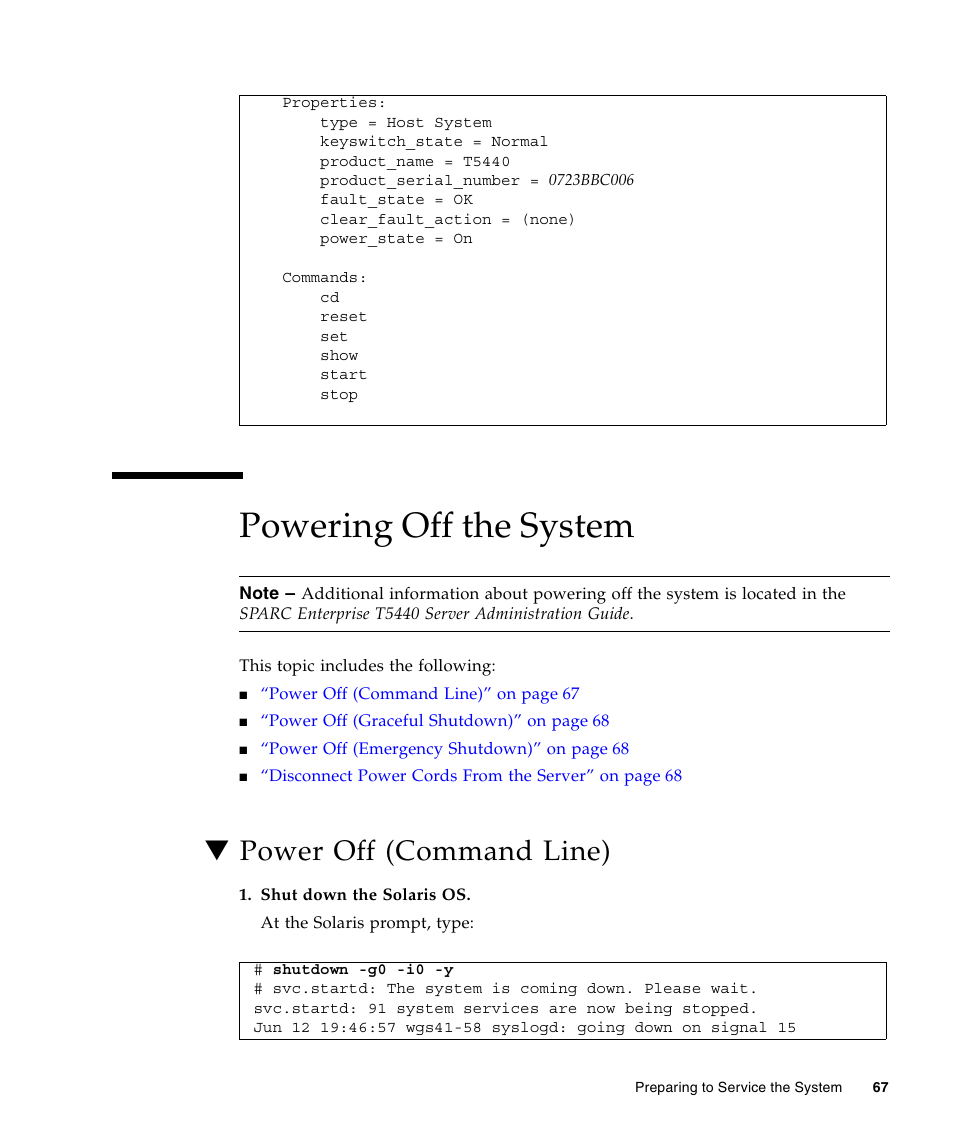 Powering off the system, Power off (command line) | FUJITSU T5440 User Manual | Page 89 / 212