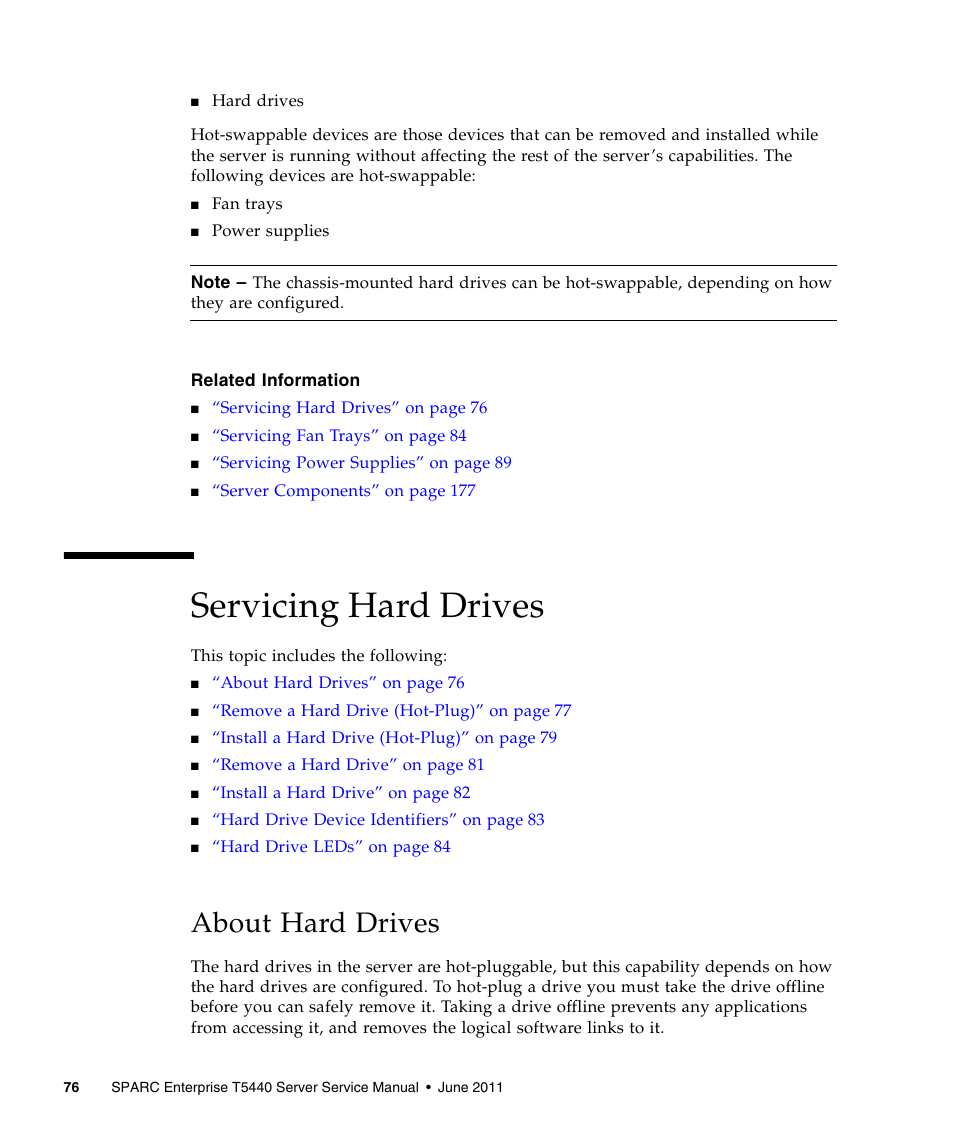 Servicing hard drives, About hard drives | FUJITSU T5440 User Manual | Page 98 / 212