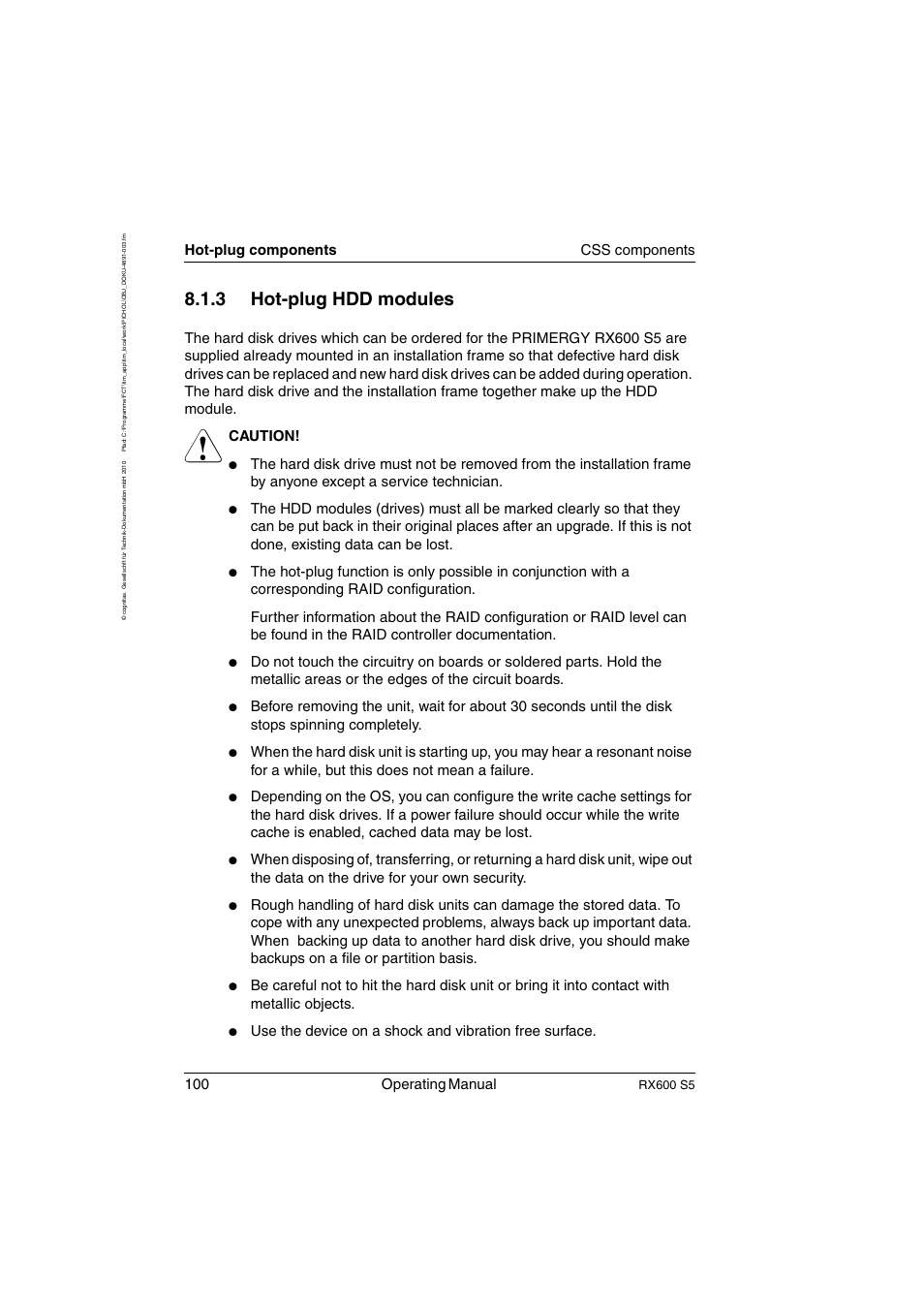 Hot-plug hdd modules, 3 hot-plug hdd modules, 100 operating manual | Hot-plug components css components, Caution, Rx600 s5 | FUJITSU PRIMERGY RX600 S5 User Manual | Page 100 / 148