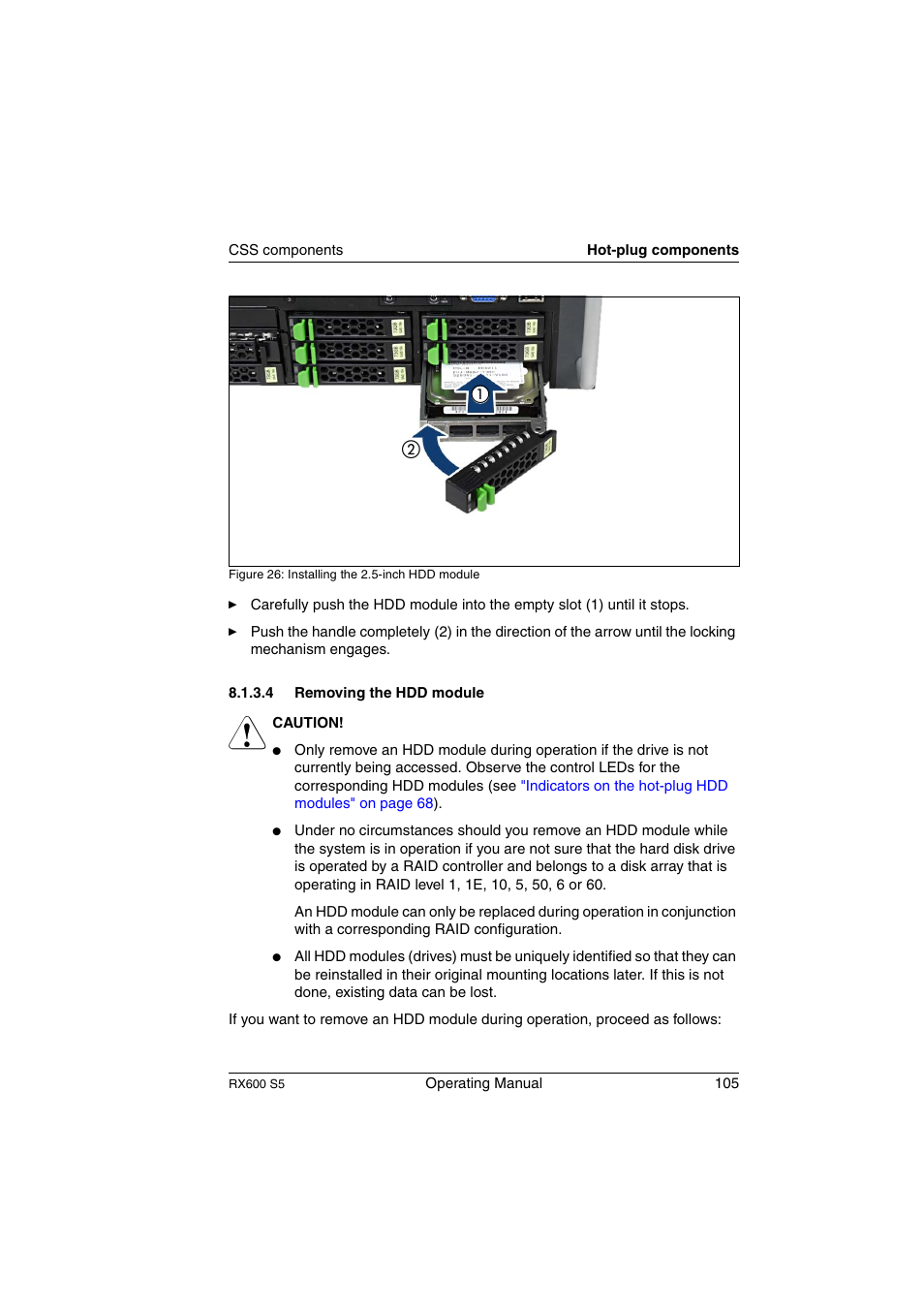 Removing the hdd module | FUJITSU PRIMERGY RX600 S5 User Manual | Page 105 / 148