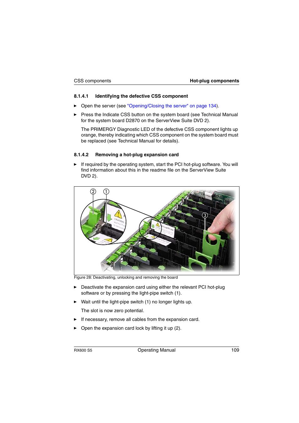 Identifying the defective css component, Removing a hot-plug expansion card, Removing a hot-plug expansion | FUJITSU PRIMERGY RX600 S5 User Manual | Page 109 / 148