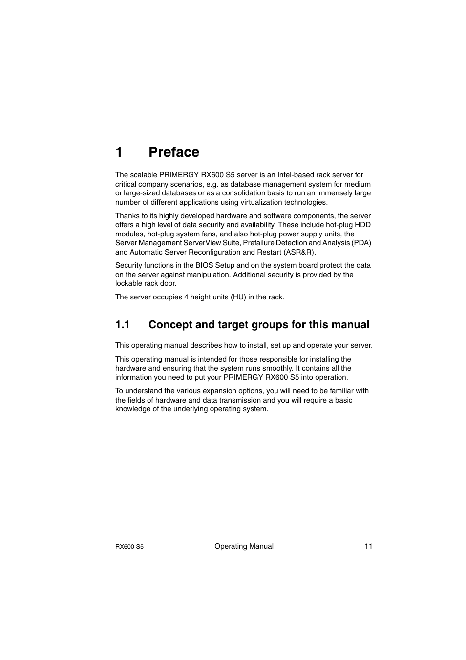 Preface, Concept and target groups for this manual, 1preface | 1 concept and target groups for this manual | FUJITSU PRIMERGY RX600 S5 User Manual | Page 11 / 148