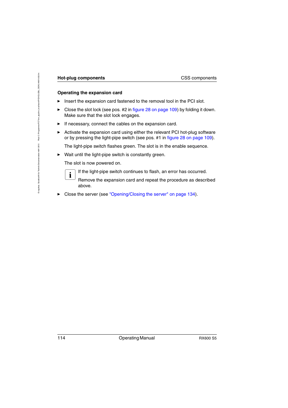 114 operating manual, Hot-plug components css components, Rx600 s5 | FUJITSU PRIMERGY RX600 S5 User Manual | Page 114 / 148