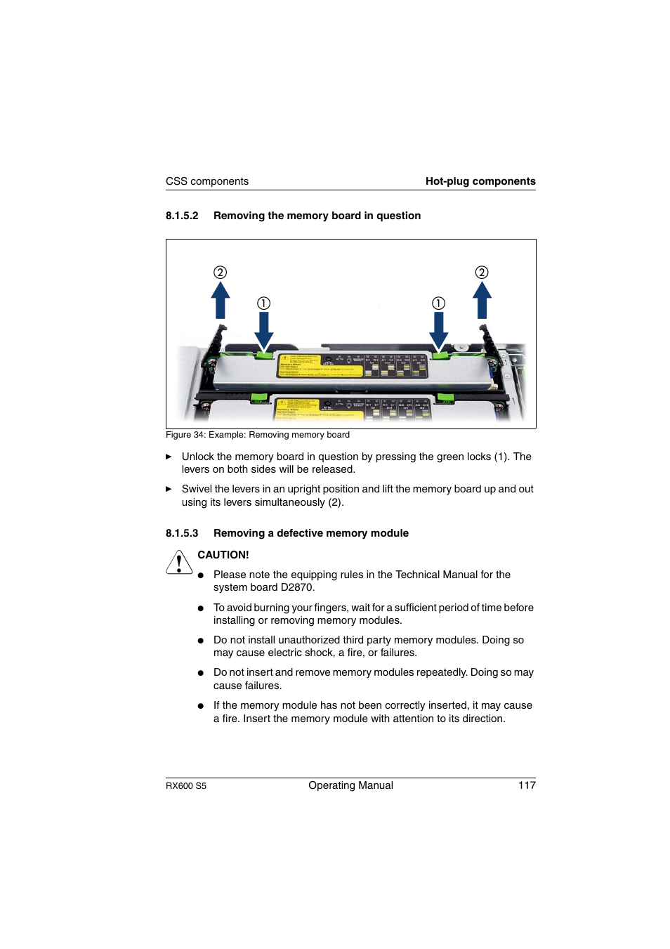 Removing the memory board in question, Removing a defective memory module, Removing the memory board | FUJITSU PRIMERGY RX600 S5 User Manual | Page 117 / 148
