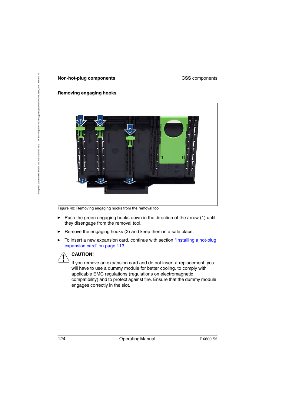 124 operating manual, Non-hot-plug components css components, Removing engaging hooks | Rx600 s5 | FUJITSU PRIMERGY RX600 S5 User Manual | Page 124 / 148