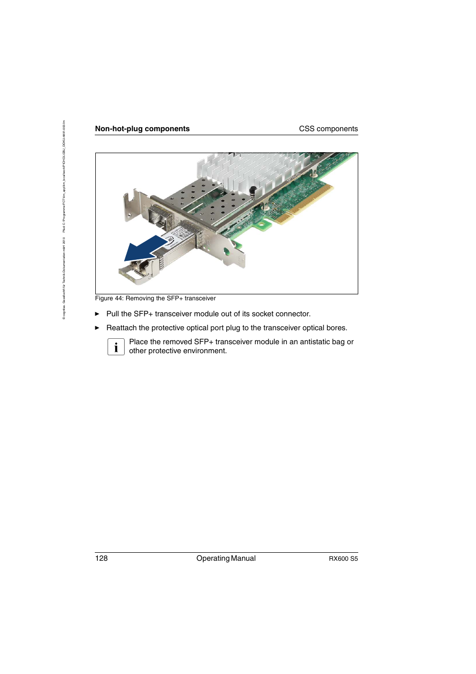 128 operating manual, Non-hot-plug components css components, Rx600 s5 | Figure 44: removing the sfp+ transceiver | FUJITSU PRIMERGY RX600 S5 User Manual | Page 128 / 148