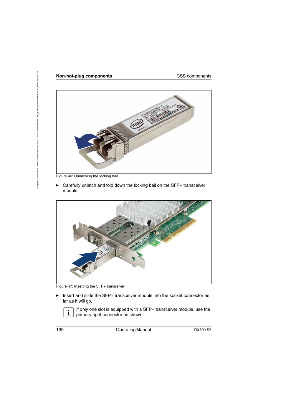 130 operating manual, Non-hot-plug components css components, Rx600 s5 | Figure 46: unlatching the locking bail, Figure 47: inserting the sfp+ transreiver | FUJITSU PRIMERGY RX600 S5 User Manual | Page 130 / 148