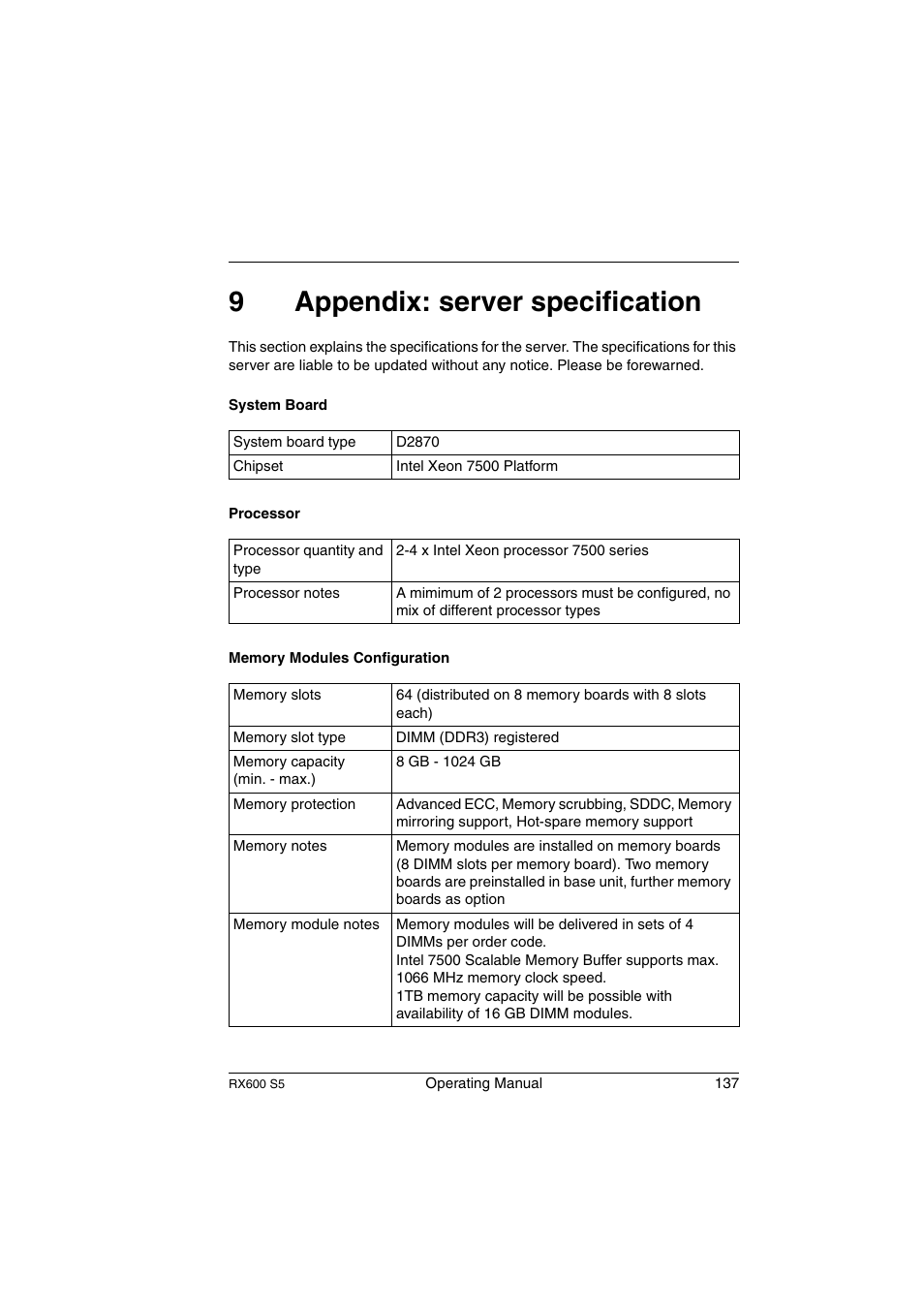 Appendix: server specification, 9appendix: server specification | FUJITSU PRIMERGY RX600 S5 User Manual | Page 137 / 148