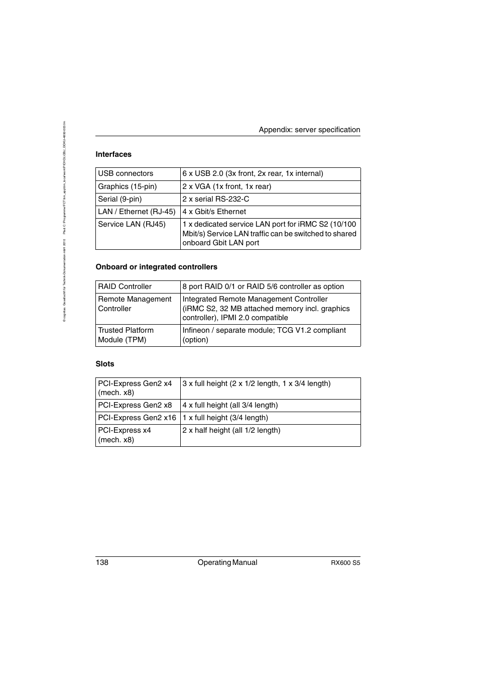 138 operating manual, Appendix: server specification, Rx600 s5 | FUJITSU PRIMERGY RX600 S5 User Manual | Page 138 / 148